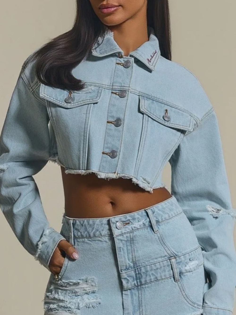 Cropped Light Blue Denim Jacket with Distressed Collar - Women